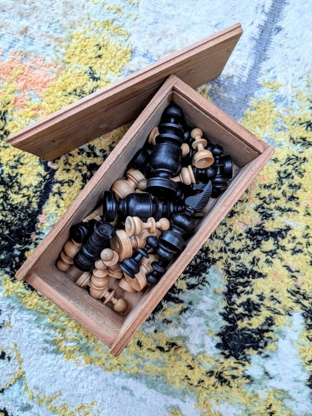 Vintage Mid-Century Hand-Carved Turned Wood Chess Set in Wooden Book Box